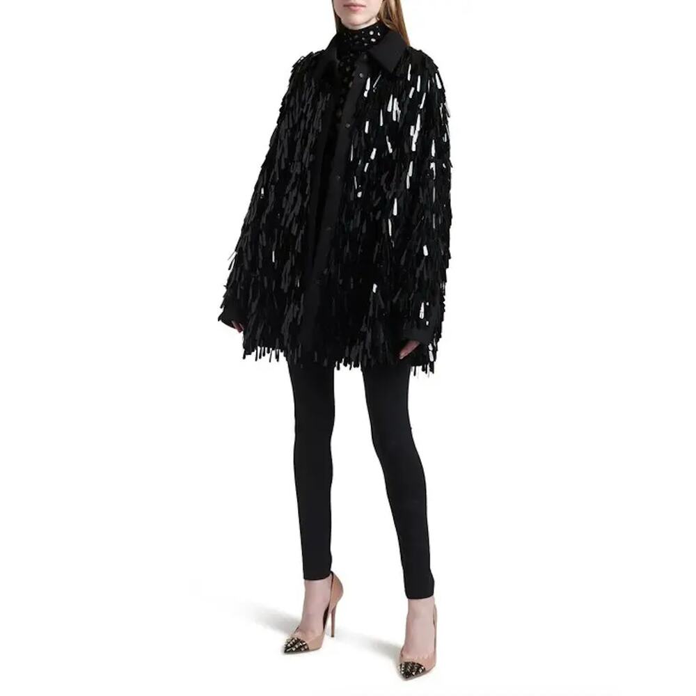 Valentino Garavani Black Sequin Fringe Shirt Jacket Medium - Picture 4 of 13